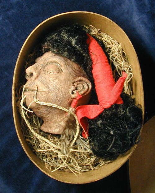 Bloody Mary's "Shlunken Head" (as she called it) was created for the play "South Pacific" performed by the Waynesboro Players in Virginia. Besides researching a variety of shrunken heads to sculpt the prop, I also had to make sure that the hair would support the head as Bloody Mary (Barbara Spilman Lawson) carried it about the stage. I also made a handy carrying case for the head.
